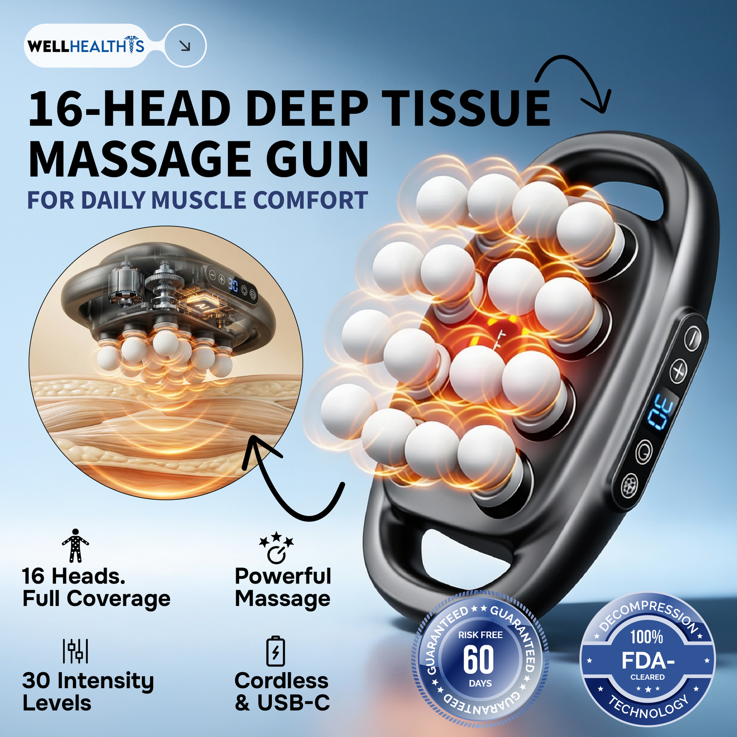 16-Head Deep Tissue Massage Gun for Daily Muscle Comfort